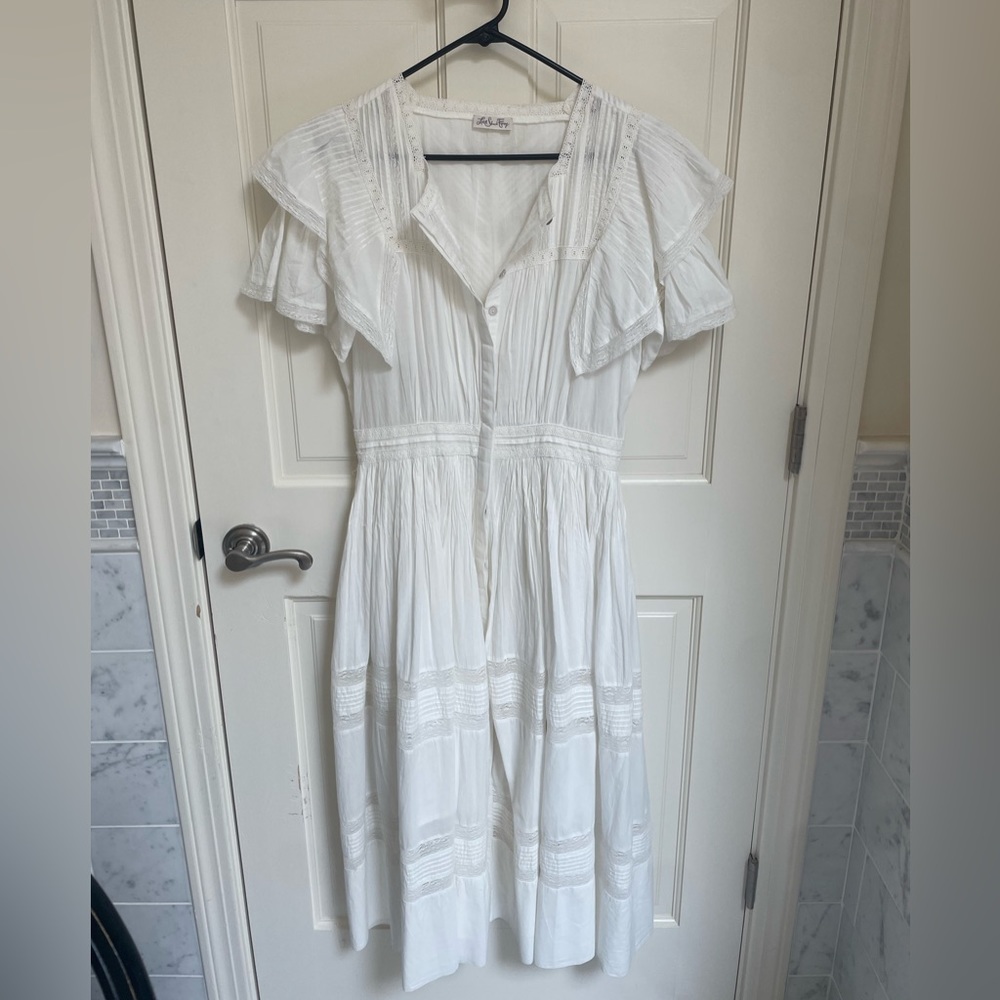LoveShackFancy White Midi Ruffle Dress with Lace Detail